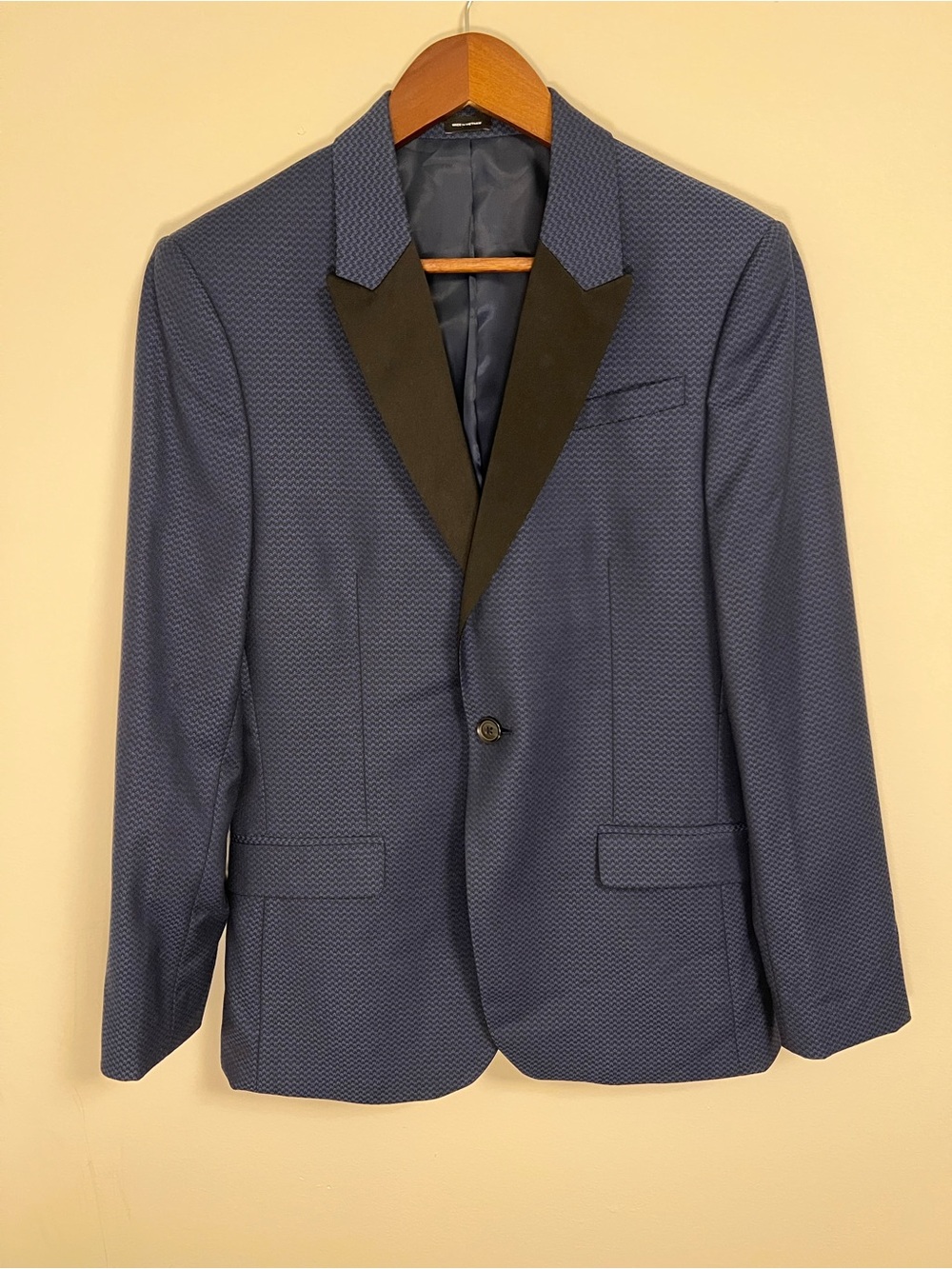 Men's Dark Blue Patterned Blazer with Black Satin Lapel